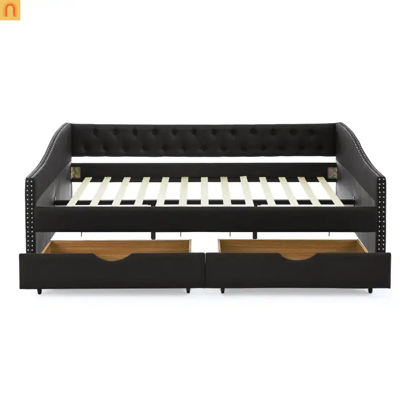 Queen Daybed Frame Black Linen Button Tufted Drawers