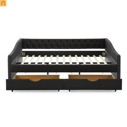 Queen Daybed Frame Black Linen Button Tufted Drawers