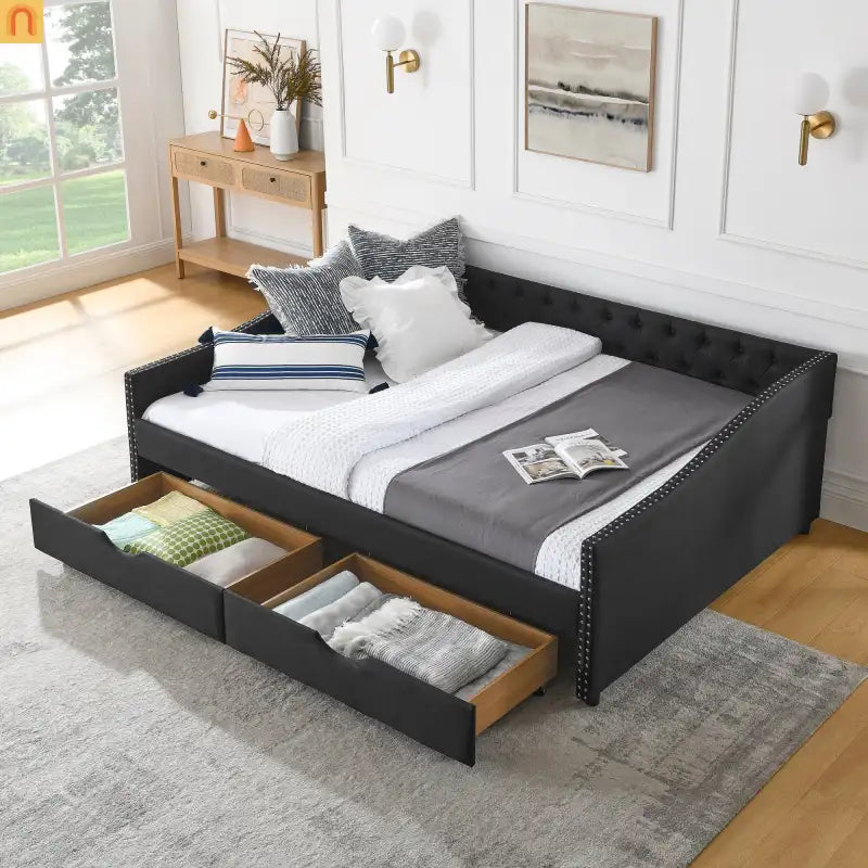 Queen Daybed Frame Black Linen Button Tufted Drawers