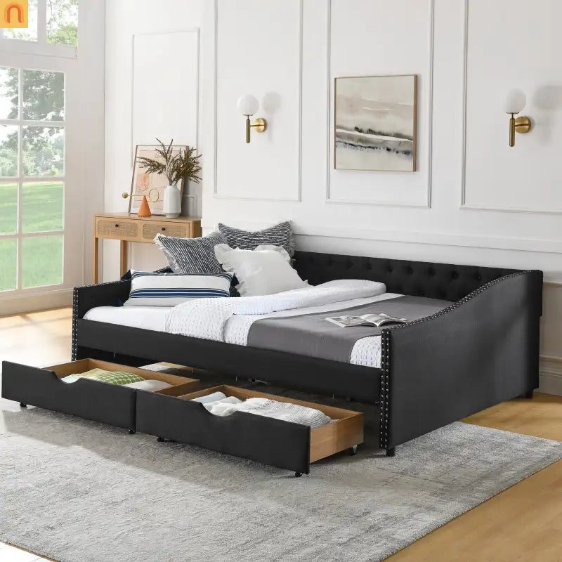 Queen Daybed Frame Black Linen Button Tufted Drawers