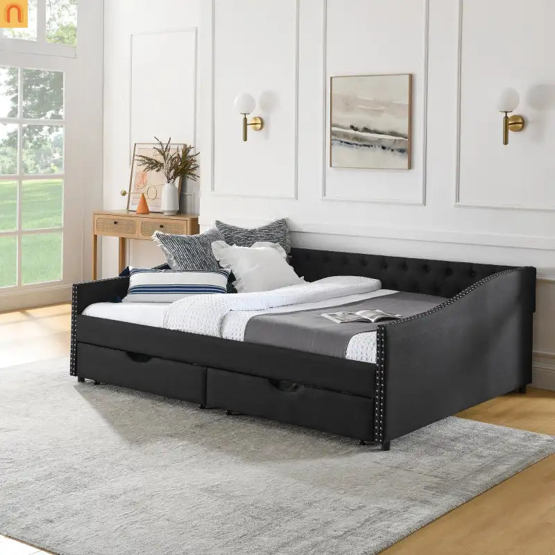 Queen Daybed Frame Black Linen Button Tufted Drawers
