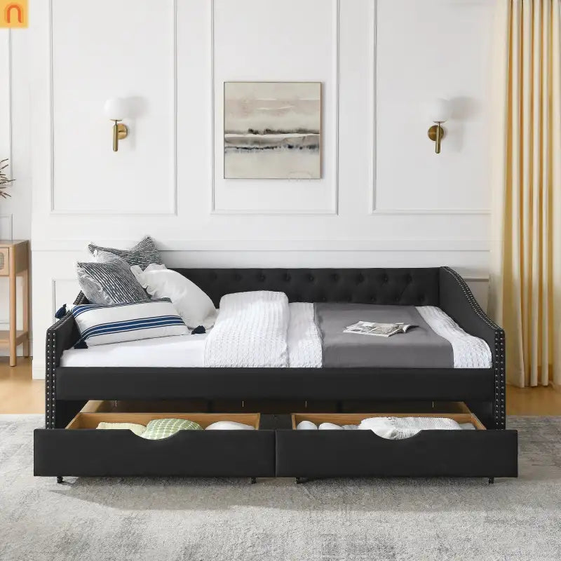 Queen Daybed Frame Black Linen Button Tufted Drawers