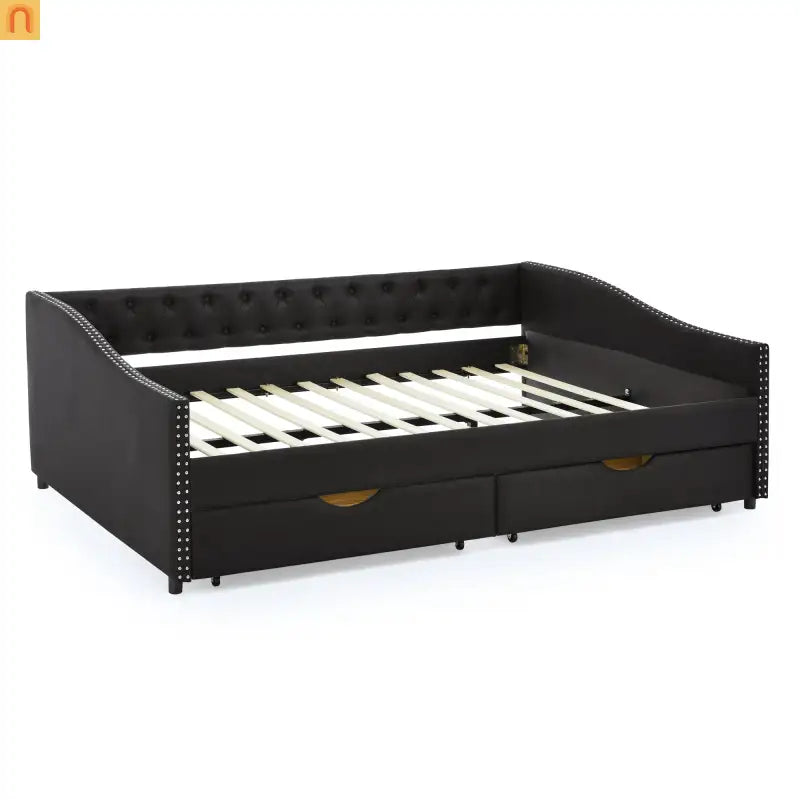 Queen Daybed Frame Black Linen Button Tufted Drawers