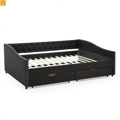 Queen Daybed Frame Black Linen Button Tufted Drawers