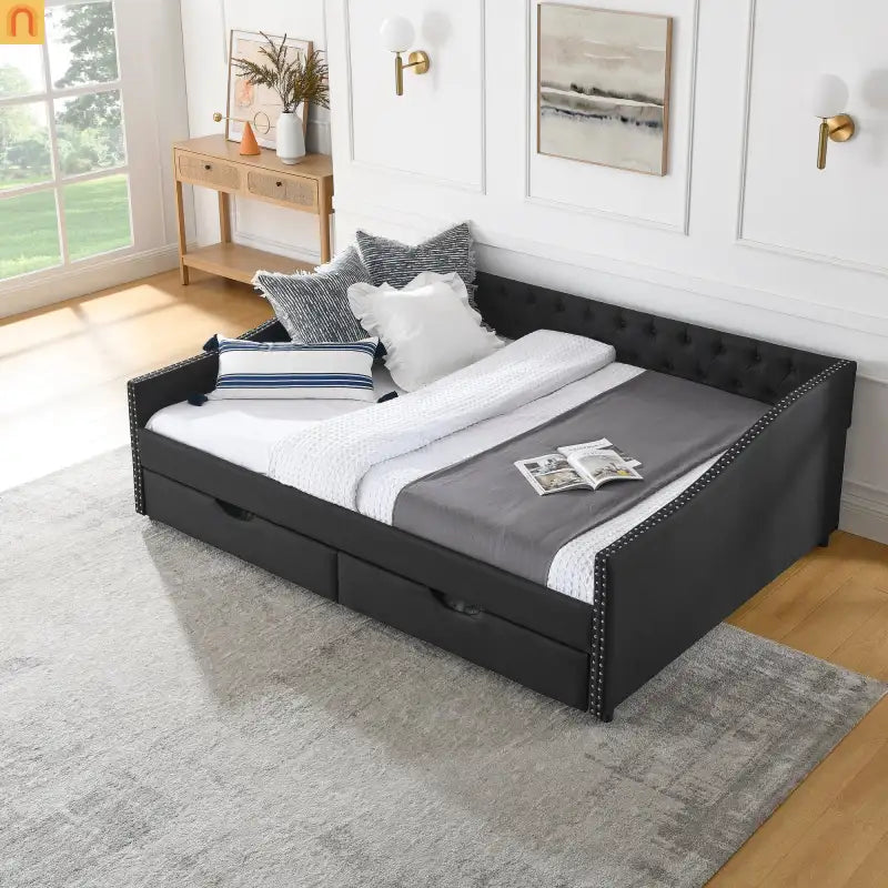 Queen Daybed Frame Black Linen Button Tufted Drawers