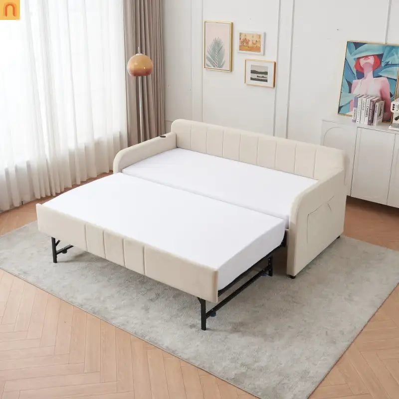Twin Daybed Frame Velvet Beige Roll-Out Trundle