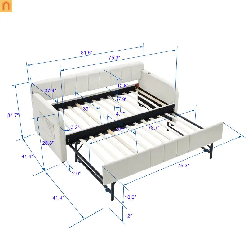 Twin Daybed Frame Velvet Beige Roll-Out Trundle