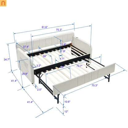 Twin Daybed Frame Velvet Beige Roll-Out Trundle