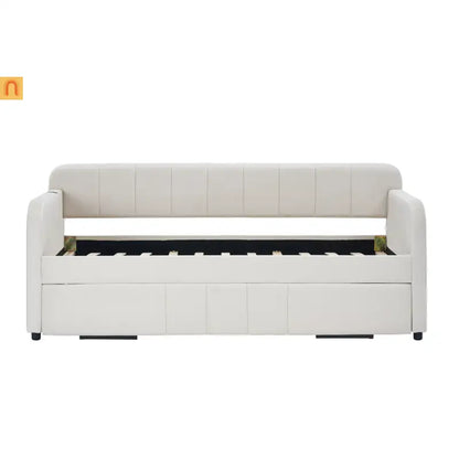 Twin Daybed Frame Velvet Beige Roll-Out Trundle