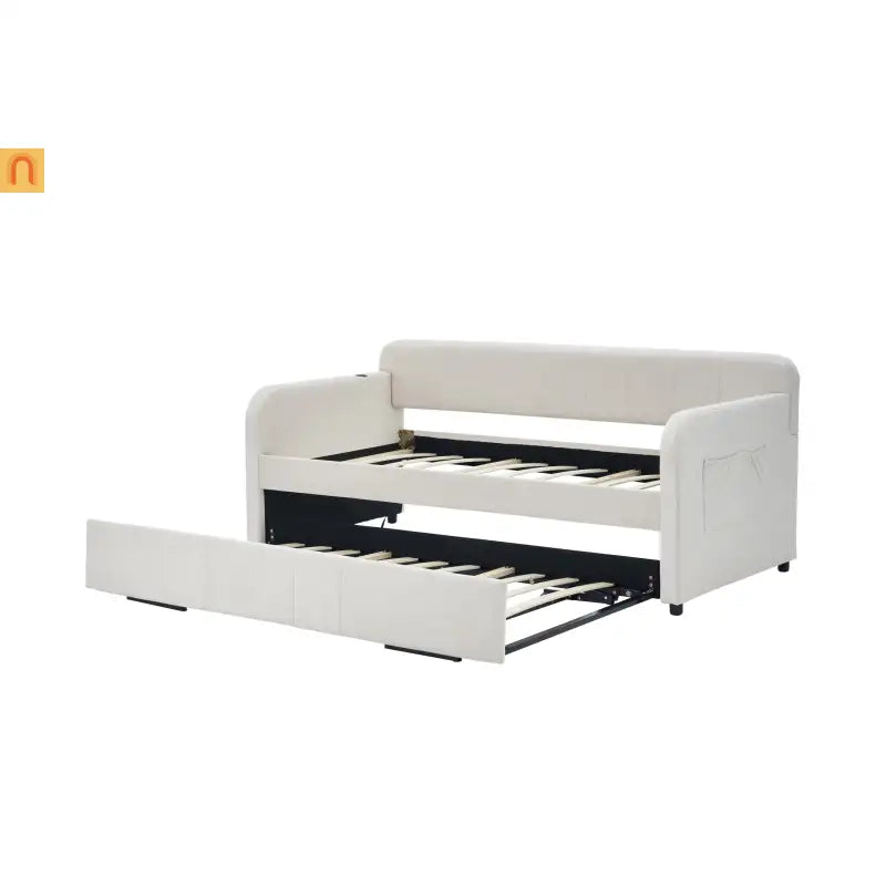Twin Daybed Frame Velvet Beige Roll-Out Trundle