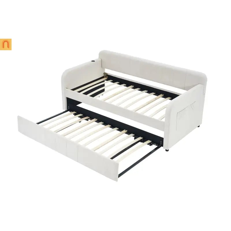 Twin Daybed Frame Velvet Beige Roll-Out Trundle