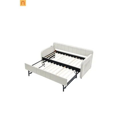 Twin Daybed Frame Velvet Beige Roll-Out Trundle