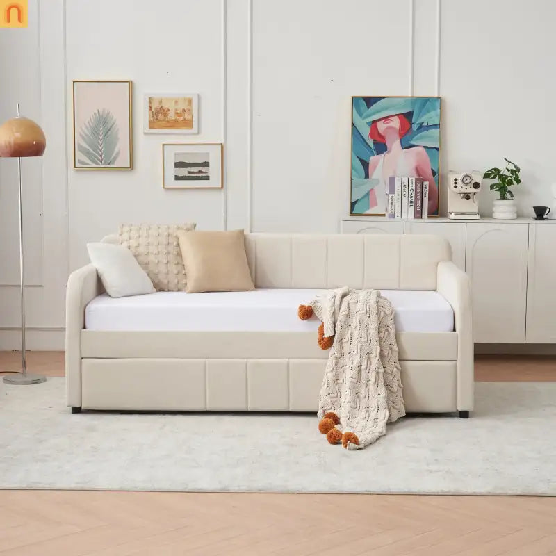 Twin Daybed Frame Velvet Beige Roll-Out Trundle