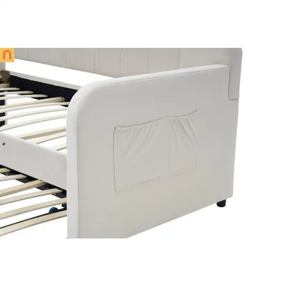 Twin Daybed Frame Velvet Beige Roll-Out Trundle
