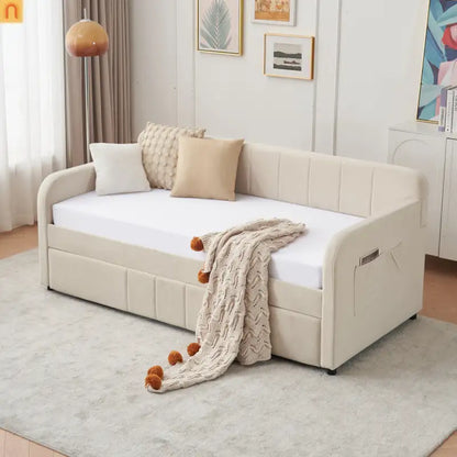 Twin Daybed Frame Velvet Beige Roll-Out Trundle
