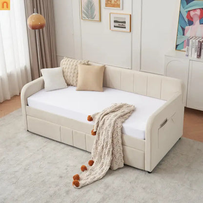 Twin Daybed Frame Velvet Beige Roll-Out Trundle