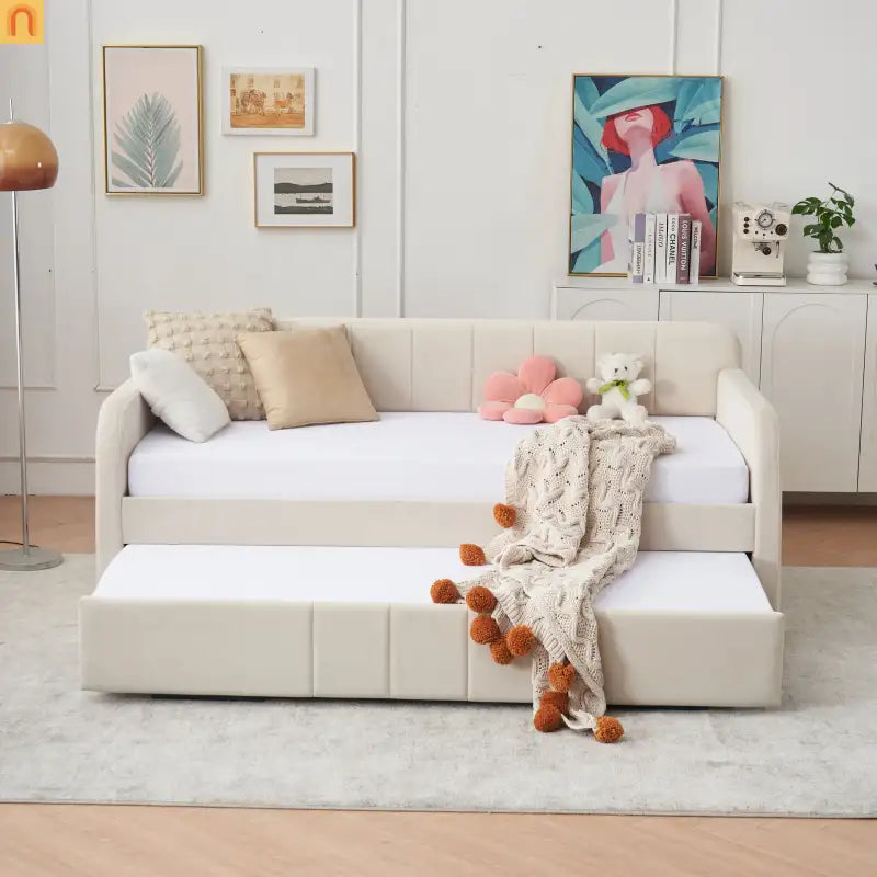 Twin Daybed Frame Velvet Beige Roll-Out Trundle