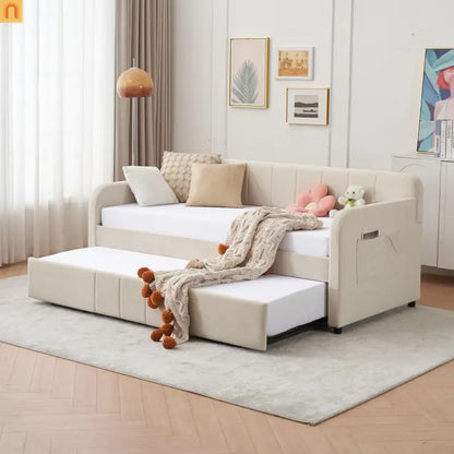 Twin Daybed Frame Velvet Beige Roll-Out Trundle