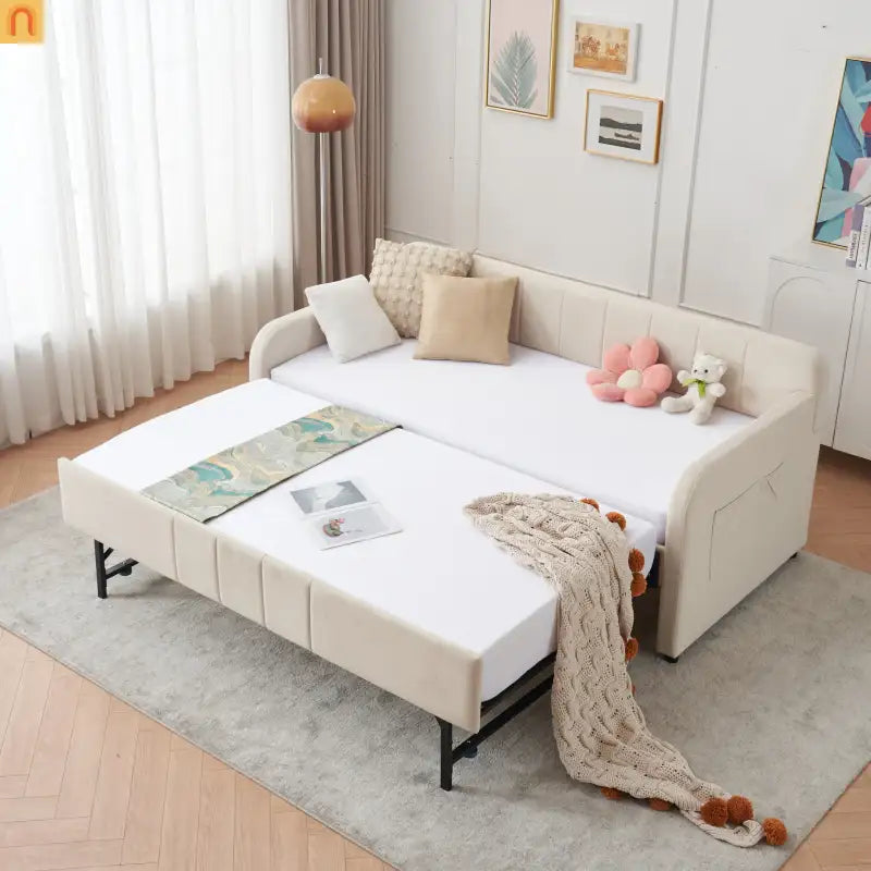 Twin Daybed Frame Velvet Beige Roll-Out Trundle