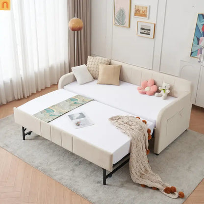 Twin Daybed Frame Velvet Beige Roll-Out Trundle