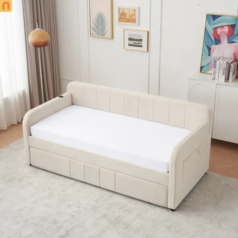 Twin Daybed Frame Velvet Beige Roll-Out Trundle
