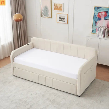 Twin Daybed Frame Velvet Beige Roll-Out Trundle