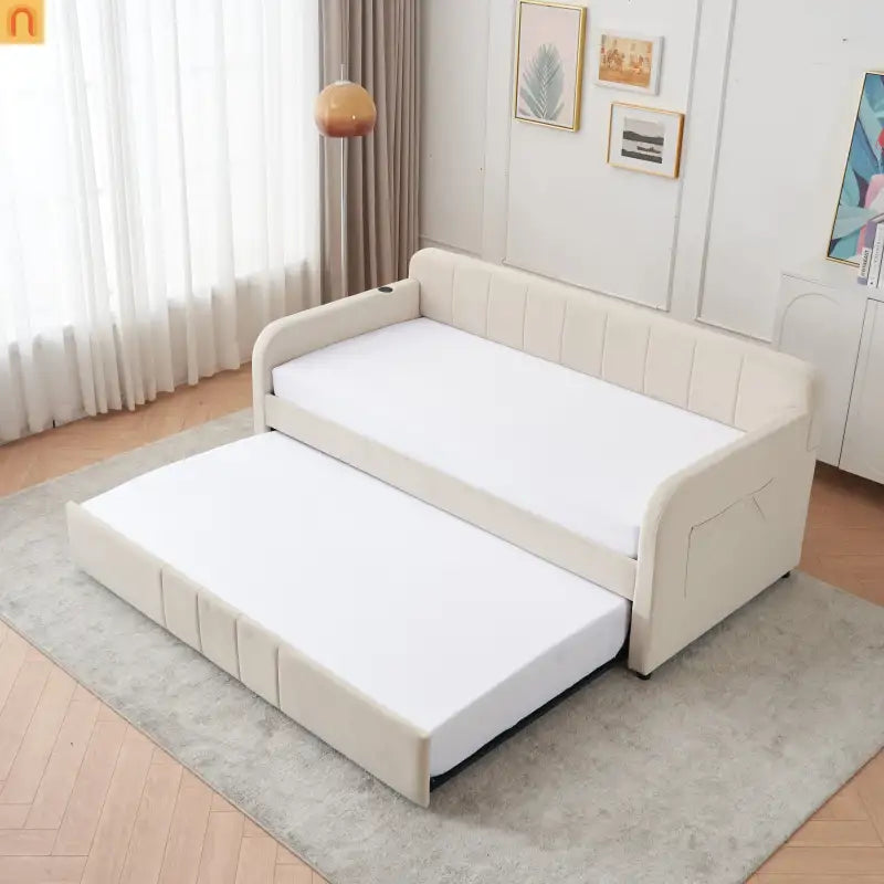 Twin Daybed Frame Velvet Beige Roll-Out Trundle