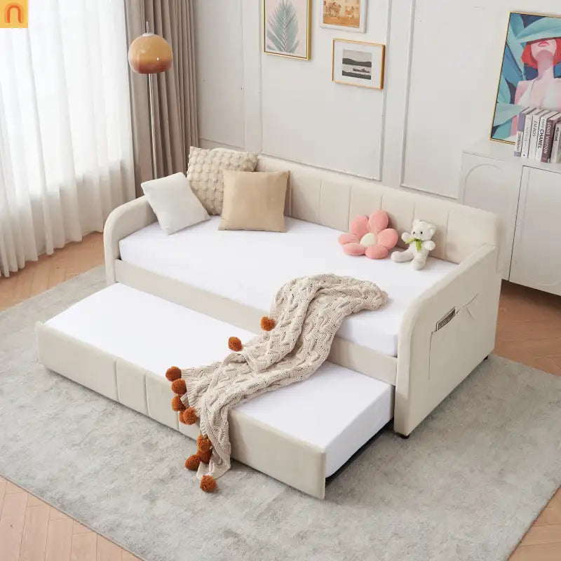 Twin Daybed Frame Velvet Beige Roll-Out Trundle
