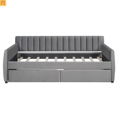 Bed Frame Daybed Velvet Gray Twin Storage Drawers Wood Slats 79in