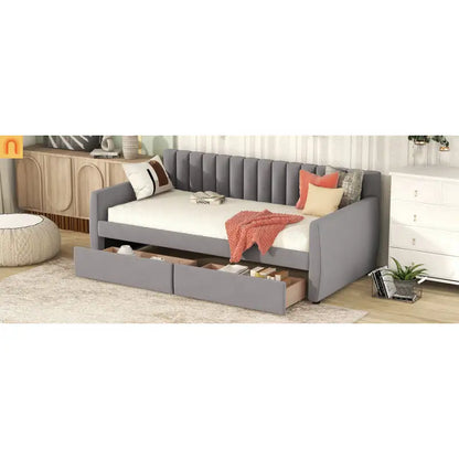 Bed Frame Daybed Velvet Gray Twin Storage Drawers Wood Slats 79in