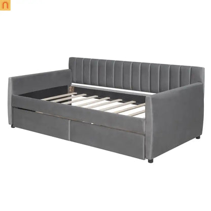 Bed Frame Daybed Velvet Gray Twin Storage Drawers Wood Slats 79in