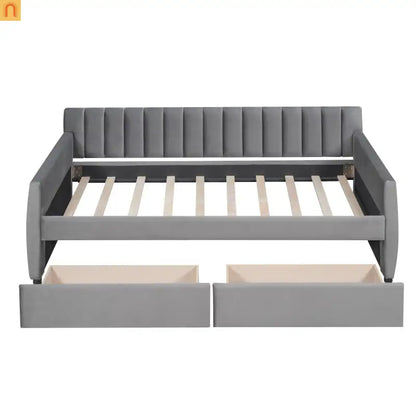 Bed Frame Daybed Velvet Gray Twin Storage Drawers Wood Slats 79in