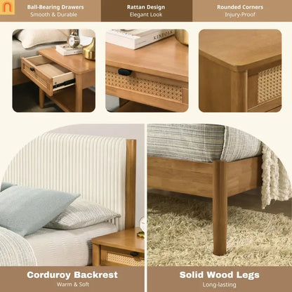 Bedroom Set Queen Walnut Corduroy Headboard Dresser Nightstand 5pc