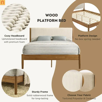 Bedroom Set Queen Walnut Corduroy Headboard Dresser Nightstand 5pc