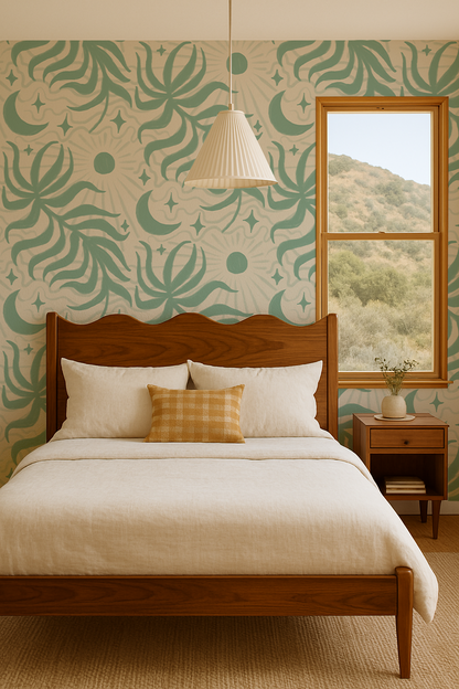 Lunar Leaf Wallpaper, beige and mint