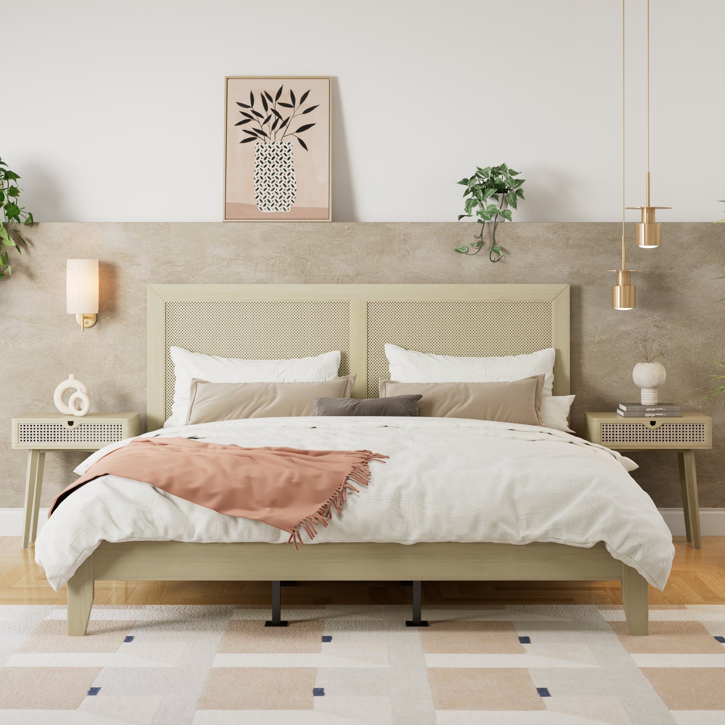 Solid Wood Platform King Bed With Rattan
