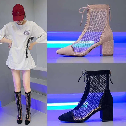 Beige Mesh Summer Long Sandal Boots