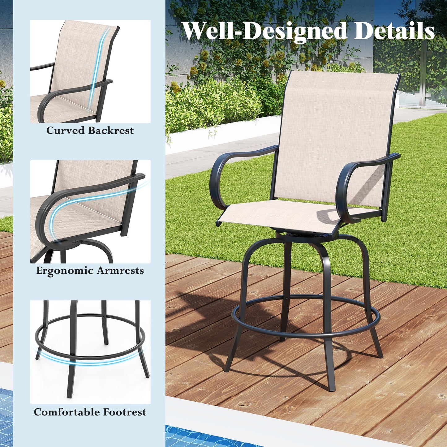2 Pieces 360 Rotating Bar Stool Set with Armrests for Patio