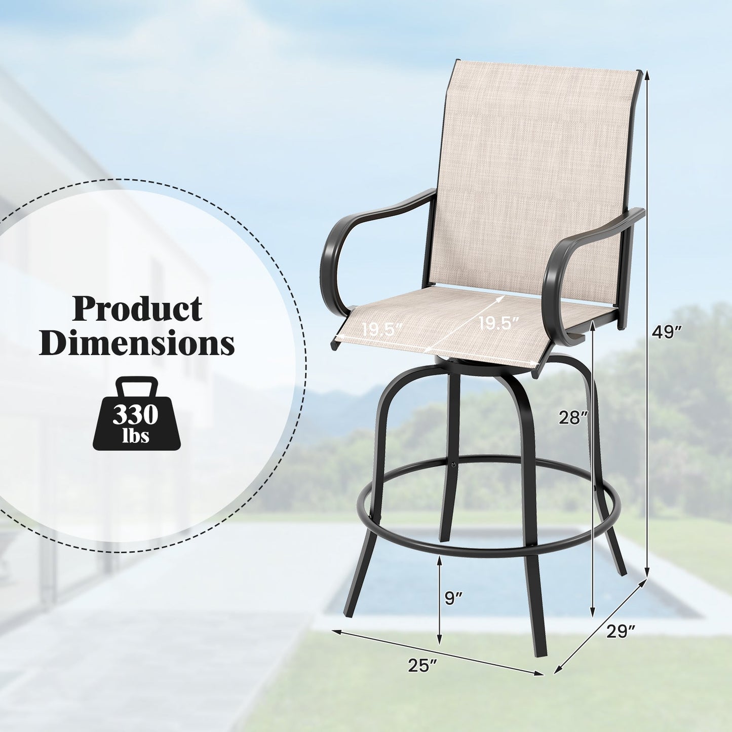 2 Pieces 360 Rotating Bar Stool Set with Armrests for Patio
