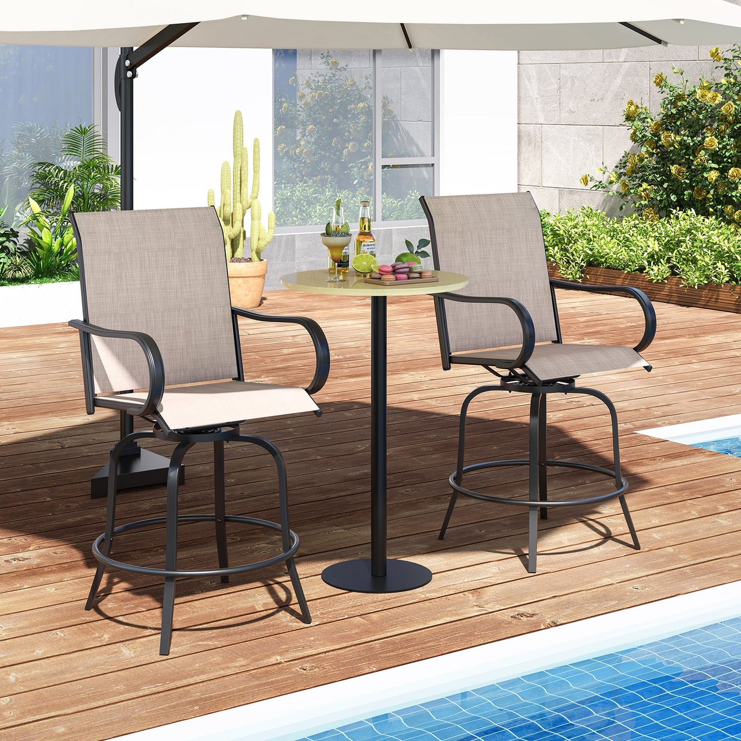 2 Pieces 360 Rotating Bar Stool Set with Armrests for Patio
