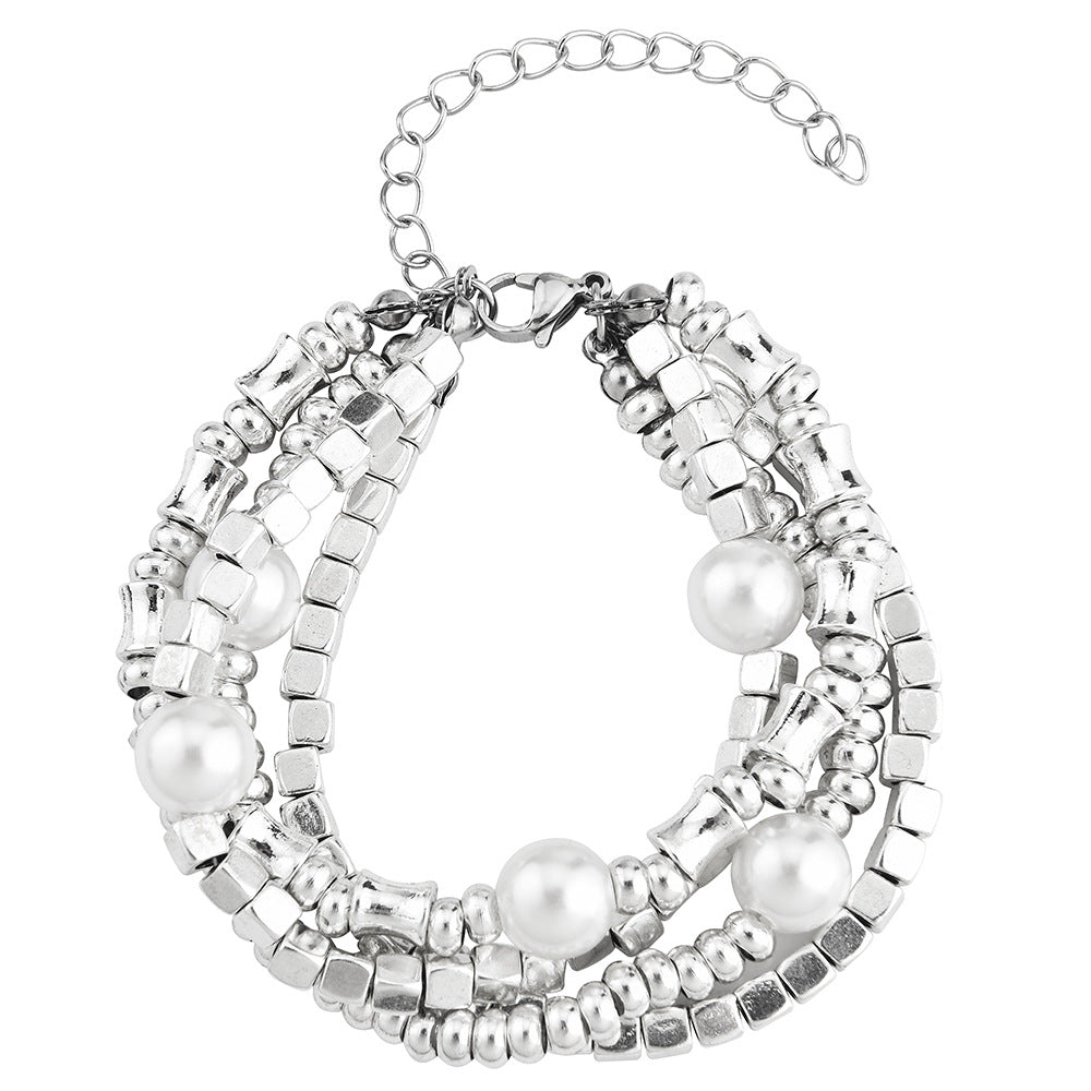 2Pcs Multi Layer Broken Silver Pearl Stretch Bracelet Set For Women, Stackable Elastic Beaded Bangle, Minimal Elegant European Spanish Fashion Jewelry