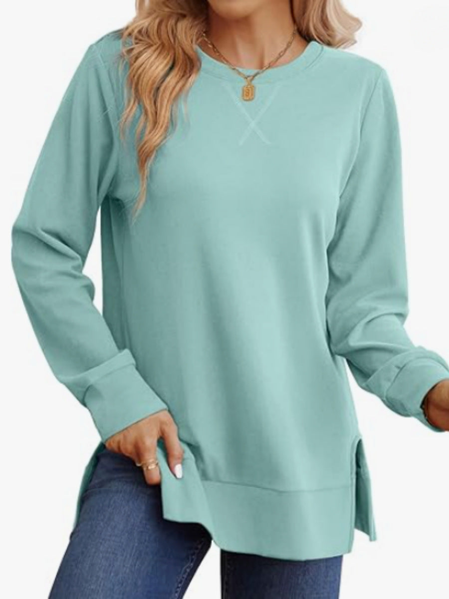 Womens Crew-Neck Long-Sleeve T-Shirt With Side Slits Casual Top