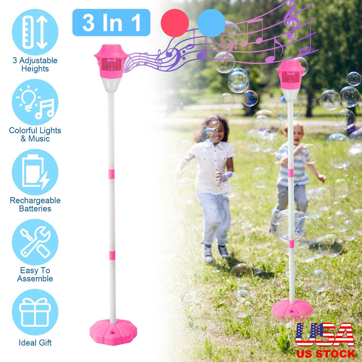 Standing Bubble Machine with Lights & Music - 3 Heights