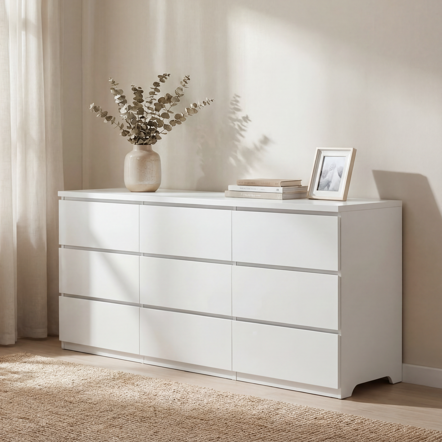 Dresser Modern 9-Drawer White Particle Board Handleless 63x15.74x29.5 In