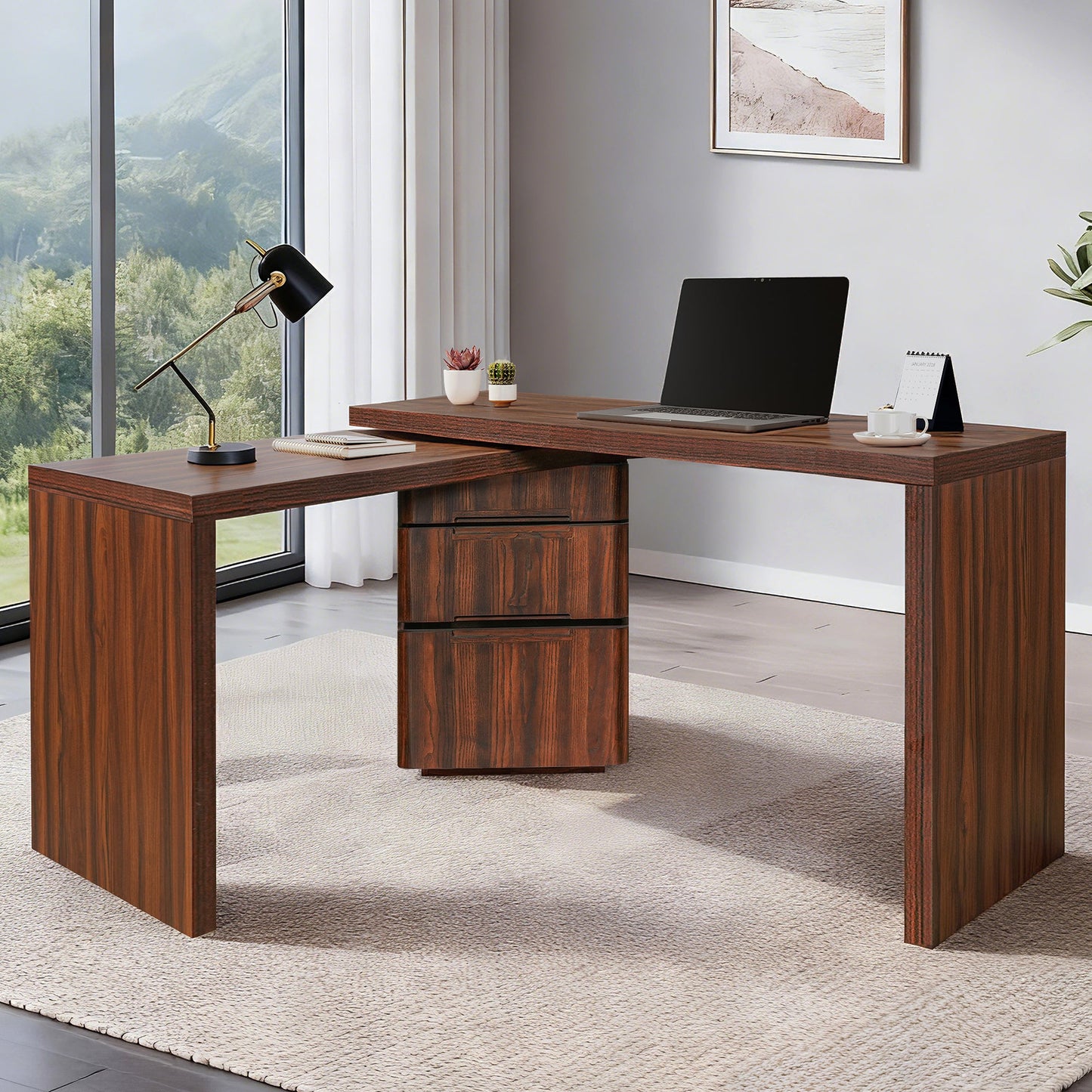 90' Modern L Shaped Desk in Walnut with 3 Drawers,360deg Wood Rotating Desk,Exe...