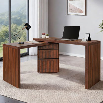 90' Modern L Shaped Desk in Walnut with 3 Drawers,360deg Wood Rotating Desk,Exe...