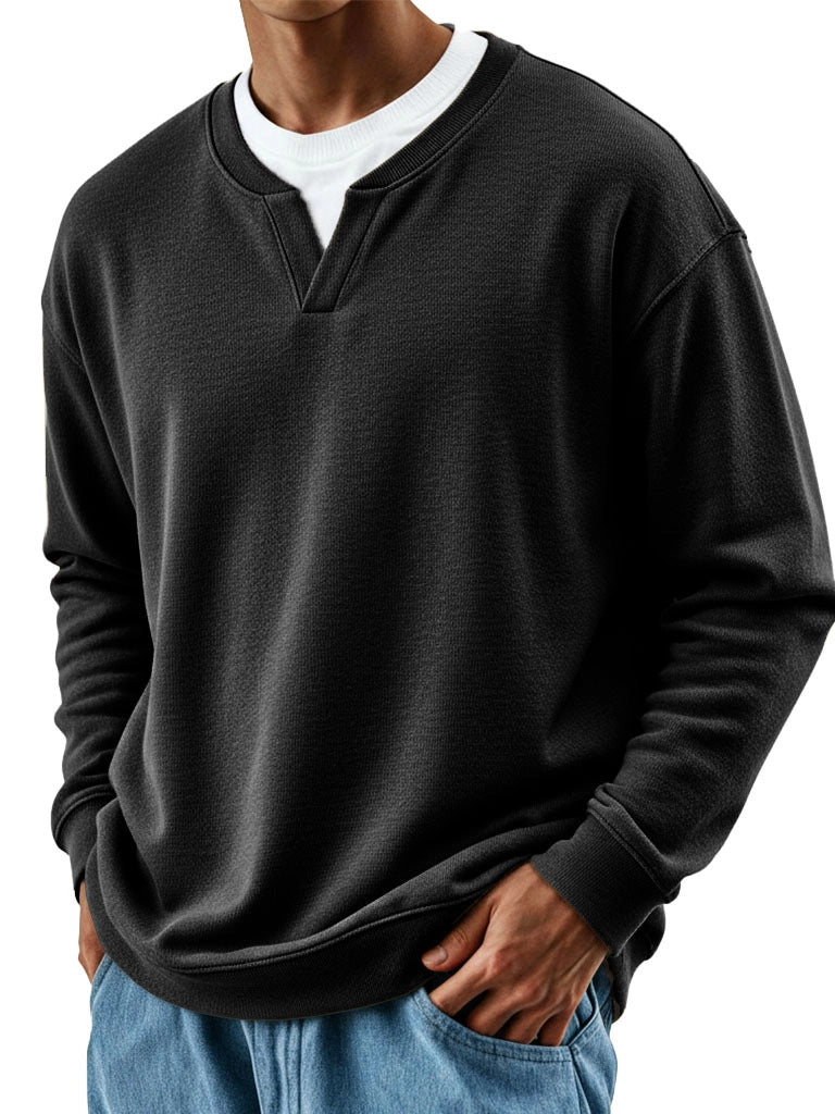 Mens Patchwork Mock Two-Piece Crew-Neck Long-Sleeve Top