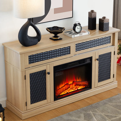 TV Stand Fireplace Light Oak MDF Embossed Doors 1400W Fits 65 In TV 58.27 In