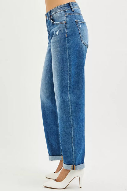 RISEN Full Size Mid Rise Barrel Double Roll Up Jeans Plus Size
