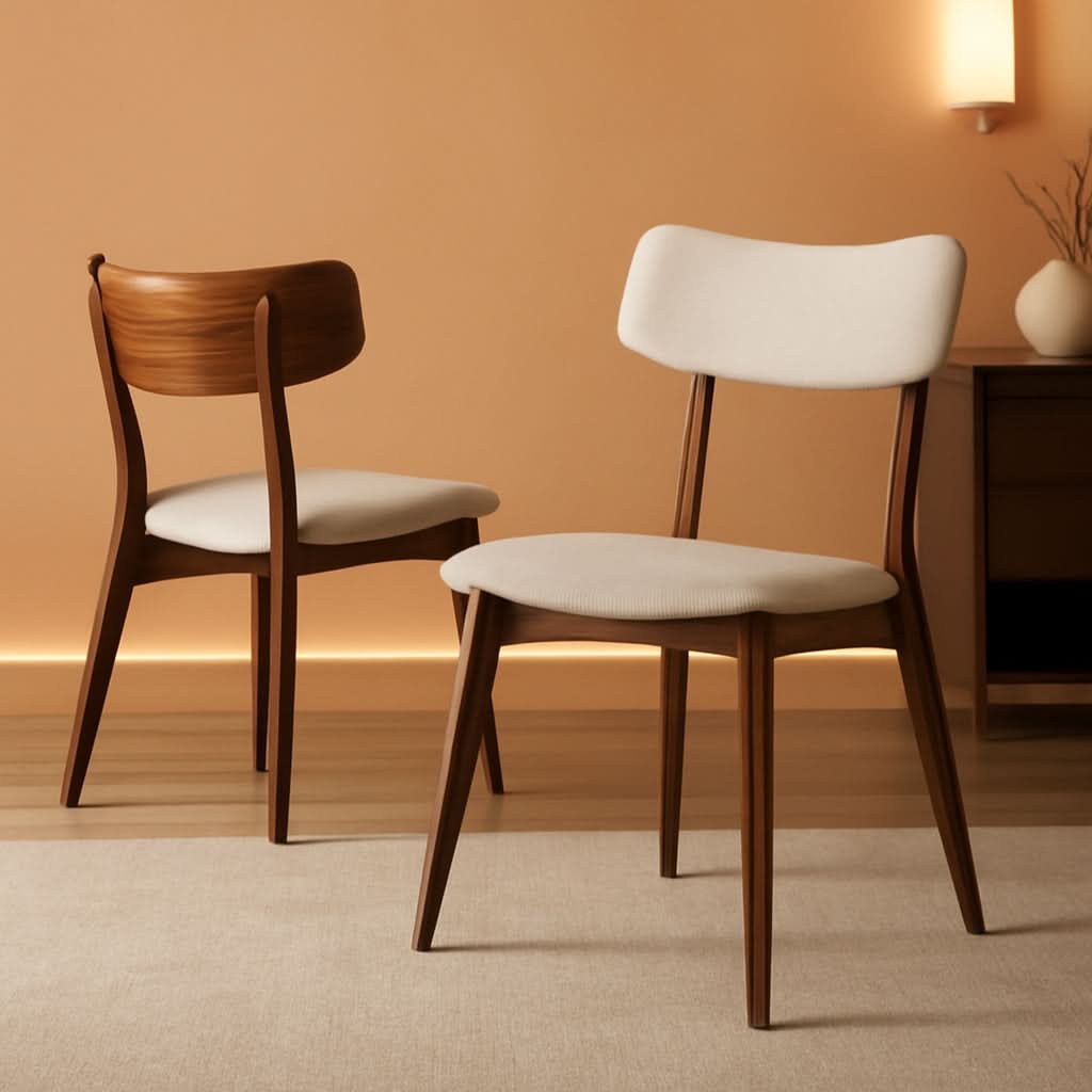 Mid Century Walnut Frame Dining Chairs Light Beige Set 2